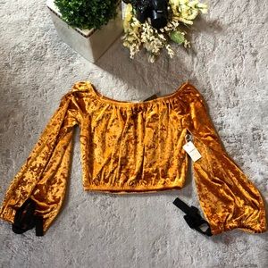 NWT Forever 21 Gold Velvet Off-The-Shoulder Crop Top